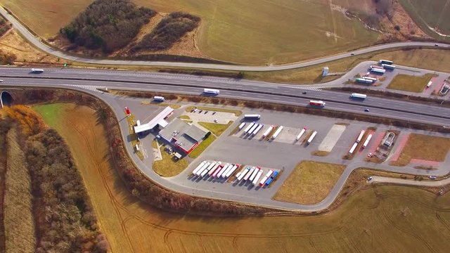 Aerial view of highway D5 gasoline station with parking nearby Pilsen, Czech republic, Central Europe. Transportation concept.