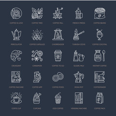 Coffee making equipment vector line icons. Tools - moka pot, french press, coffee grinder, espresso, vending, plant. Linear restaurant, shop pictogram with editable stroke for menu.
