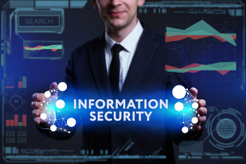 Business, Technology, Internet and network concept. Young businessman working on a virtual screen of the future and sees the inscription: Information security