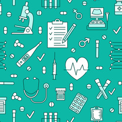 Medical blue seamless pattern, clinic vector background. Hospital thin line icons - thermometer, check up, diagnostic, microscope, stethoscope. Cute repeated illustration business presentation.