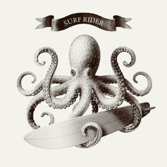 Obraz premium Vector octopus tentacles holding a surfboard in the style of vintage etchings