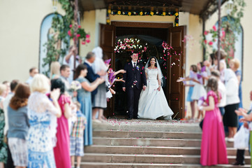 Guests are greeted wedding couple with petals of roses at exit from church.