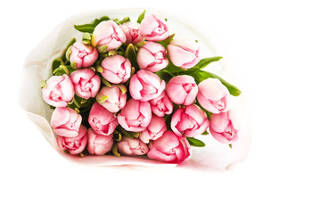 Bouquet of pink tulips wrapped in paper. Isolated over white background