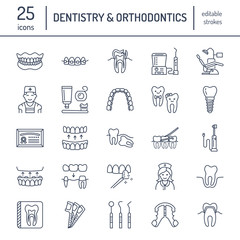 Dentist, orthodontics line icons. Dental care equipment, braces, tooth prosthesis, veneers, floss, caries treatment and other medical elements. Health care thin linear signs for dentistry clinic.