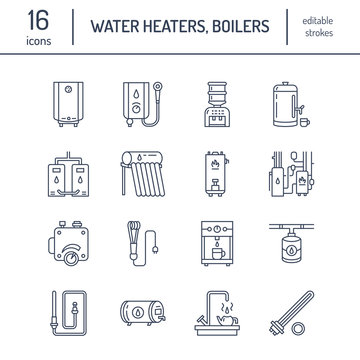 Water heater, boiler, thermostat, electric, gas, solar heaters and other house heating equipment line icons. Thin linear pictogram with editable strokes for hardware store. Household appliances signs.