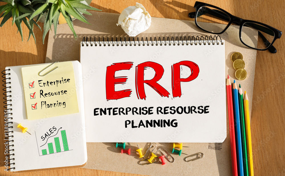 Poster notebook with toolls and notes about erp,concept