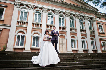 Fototapeta premium Solid wedding couple background old building with columns.