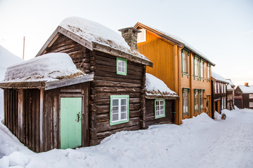 A beautiful historic street of a small Norwegian town Roros