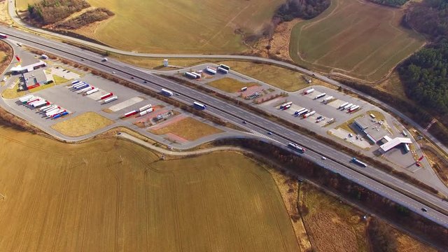 Aerial view of highway D5 gasoline station with parking nearby Pilsen, Czech republic, Central Europe. Transportation concept.