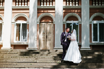 Obraz premium Solid wedding couple background old building with columns.