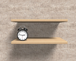 Wooden shelves on wall with alarm clock.