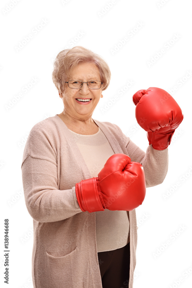 Sticker Happy elderly woman wearing a pair of boxing gloves