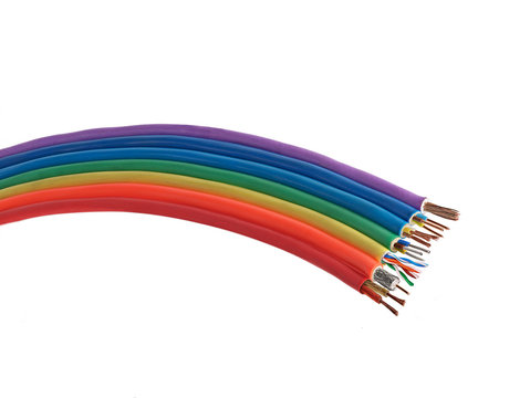 electric wires and cables in multi-colored shell in the form of a rainbow