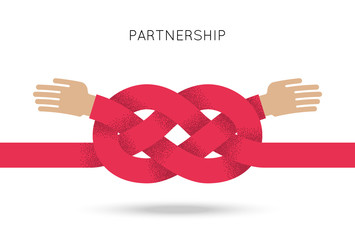 Symbol of business cooperation and partnership, sign of agreement or friendship. Vector concept illustration with couple of hand and knot of red rope. Design element for logo, icon and emblem