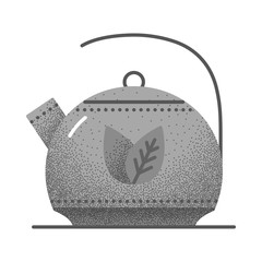 Set of black and white vintage tea icons with retro texture. Brown kettle for green tea with two green leaves. Vintage vector illustration. Herbal tea icon on white background.