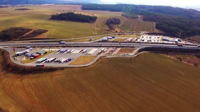 Aerial view of highway D5 gasoline station with parking nearby Pilsen, Czech republic, Central Europe. Transportation concept.