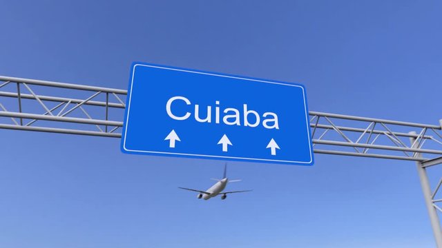 Commercial airplane arriving to Cuiaba airport. Travelling to Brazil conceptual 4K animation
