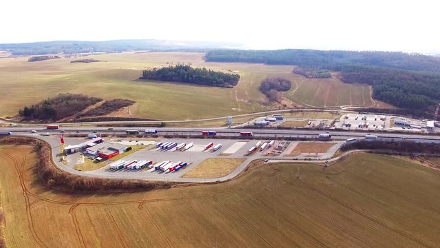 Aerial view of highway D5 gasoline station with parking nearby Pilsen, Czech republic, Central Europe. Transportation concept.