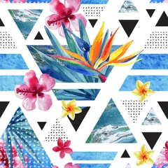 Deurstickers Abstract zomer geometrisch naadloos patroon met exotische bloemen © Tanya Syrytsyna