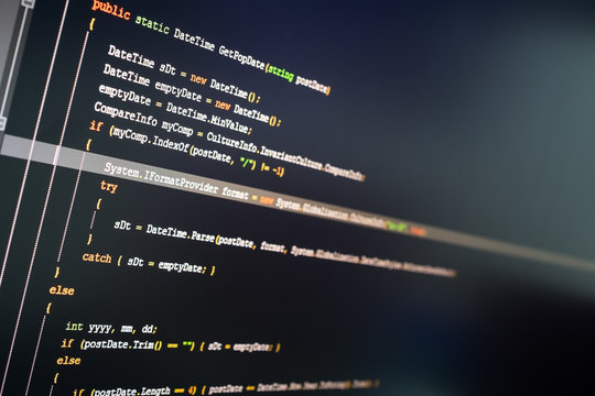C# (C sharp) computer language source code on computer monitor.
