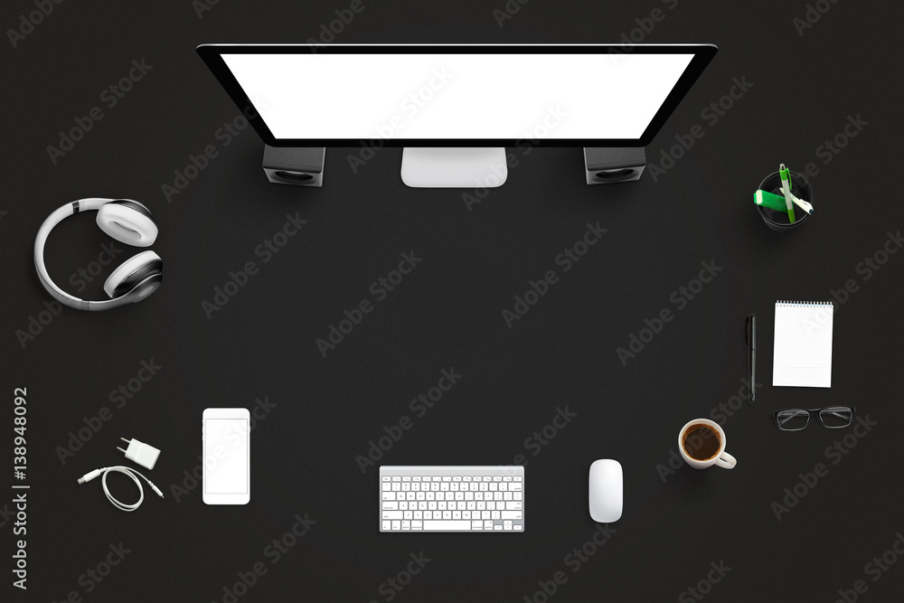 Poster creative office desk with isolated blank screens. free space in the middle of the picture for text. 