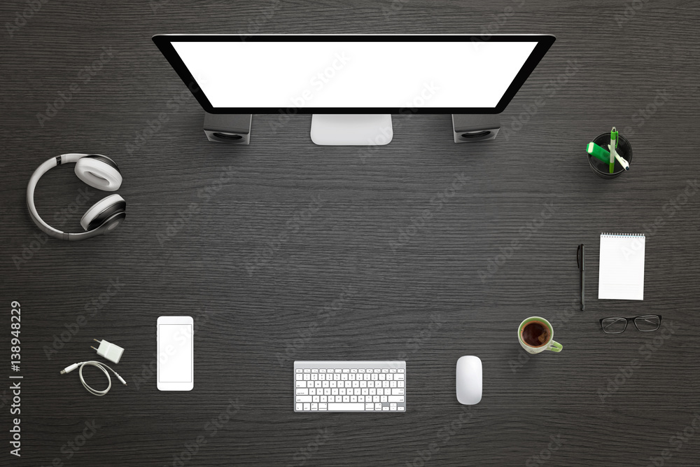 Poster Designer studio with isolated computer display for mockup. Top view with free space for text. Header, hero image.