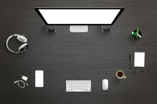 Designer studio with isolated computer display for mockup. Top view with free space for text. Header, hero image.