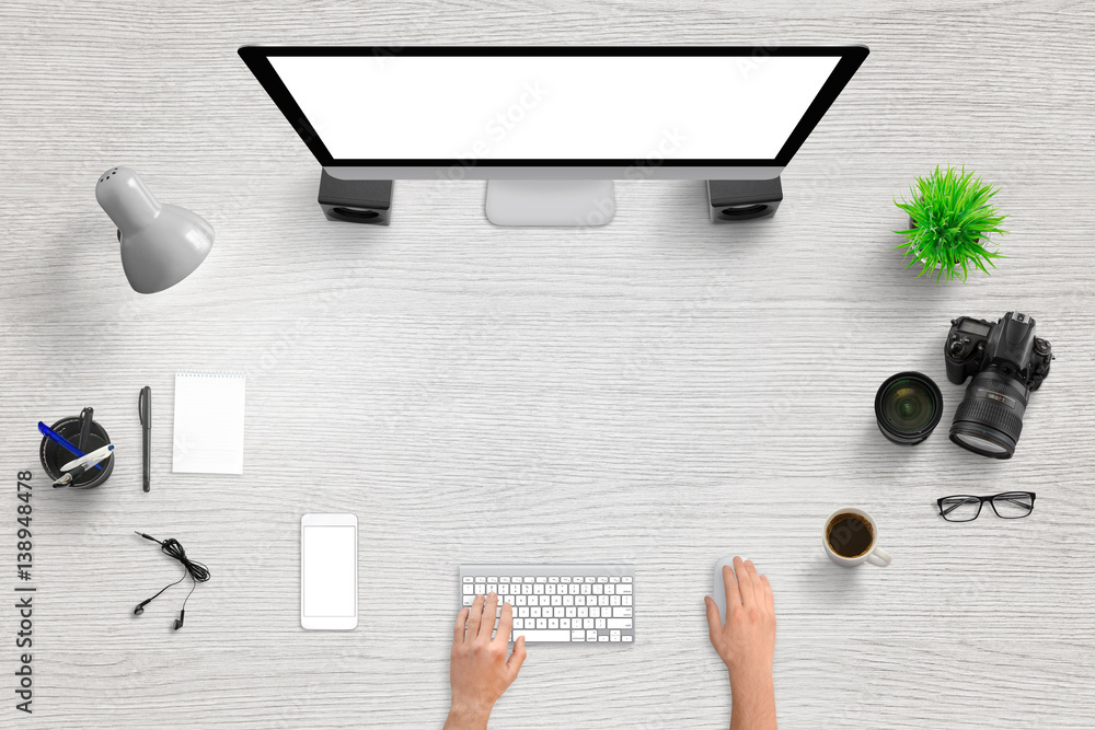 Leinwandbilder office desk with modern devices for hero, header web site image. free space for text. computer and m