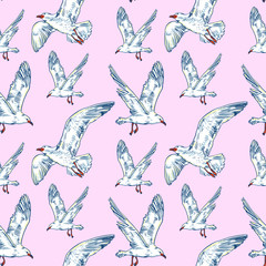Gull flight bird and seabird . Sea. Seamless pattern