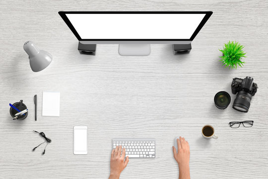 Office desk with modern devices for hero, header web site image. Free space for text. Computer and mobile phone display with isolated screen for mockup.
