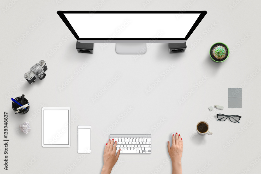 Poster creative work desk scene with devices. woman work on computer. isolated, white, blank screens for mo