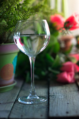 A glass of water on the flowers and plants against