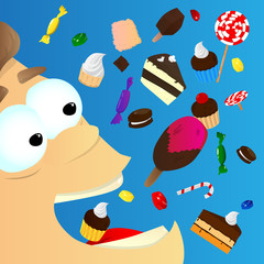 Vector illustrated cartoon character eating sweets. Addicted boy with a lot of unhealthy food.