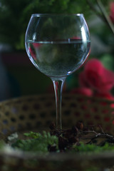 A glass of water on the flowers and plants against