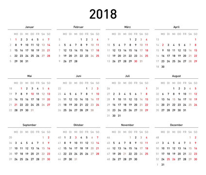 Kalendervorlage 2018, einfach, Querformat, Feiertage Deutschland