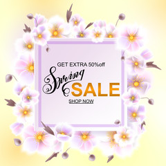 Advertisement about the spring sale on defocused background with beautiful white flowers. Vector illustration.