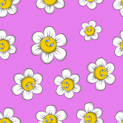 Pattern children Chamomile. Seamless pattern cartoon chamomile on a pink background. vector illustration.
