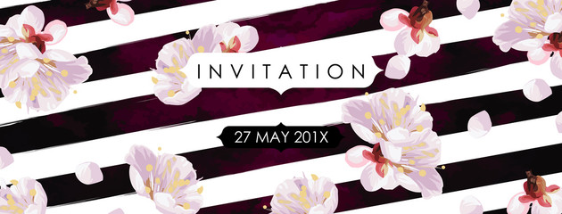 Trendy marble and spring flowers vector invitation template. Watercolor paint textured petals background. Stripes and blossom plum tree textures. - 138950671