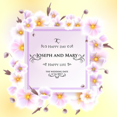 Greeting card with white flowers, can be used as invitation card for wedding, birthday and other holiday and summer, spring background. Round frame for text flower, delicate wreath