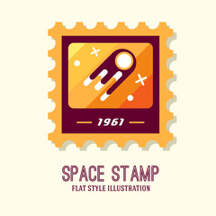 Post stamp with rocket in the space and flat stamp