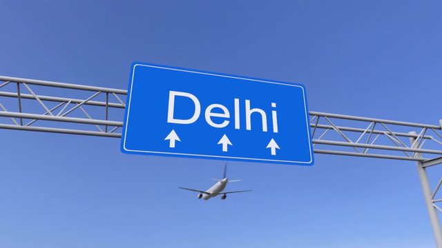 Commercial airplane arriving to Delhi airport. Travelling to India conceptual 4K animation