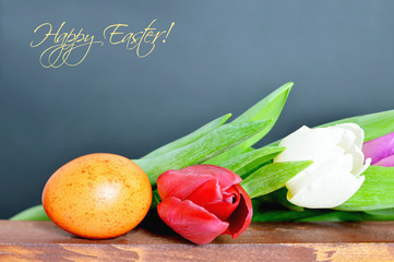 Happy Easter card with Easter egg and tulips