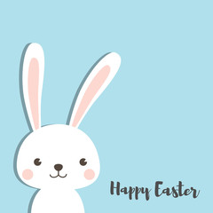 Happy Easter Bunny. Vector illustration for Easter greeting card, invitation with white cute rabbit on sky blue background.