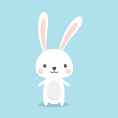 Happy Easter Bunny. Vector illustration for Easter greeting card, invitation with white cute rabbit on sky blue background.
