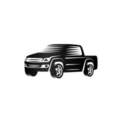 Isolated monochrome engraving style pickup trucks logo, cars logotype, black color automotive vehicle vector illustration