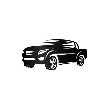 Isolated monochrome engraving style pickup trucks logo, cars logotype, black color automotive vehicle vector illustration