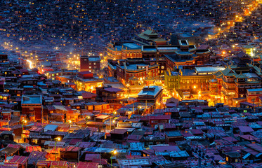 Top view night scene at Larung gar (Buddhist Academy) in Sichuan, China