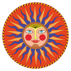 Vector summer sun in russian style, ornamental decoration.
