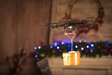 Hexacopter drone flying with gift box
