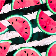 Fruity seamless vector pattern with watercolor paint textured watermelon pieces. Striped and marble background.